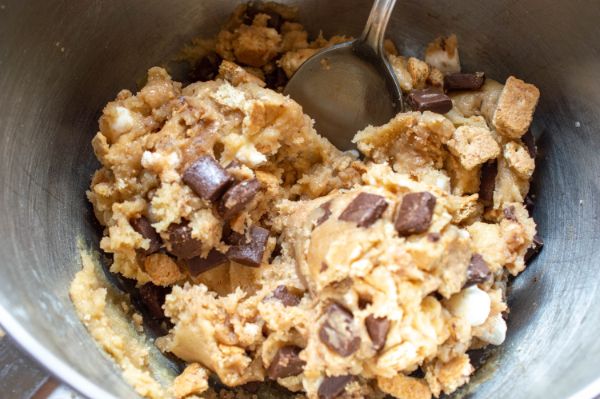 making dough for s'mores cookie dough in a mixing bowl