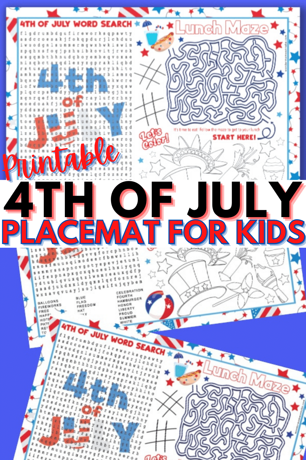 This printable 4th of July placemat for kids is patriotic and fun. A placemat with a word search, maze and coloring area, this will keep kids busy at meals. #printables #4thofJuly #placemats via @wondermomwannab