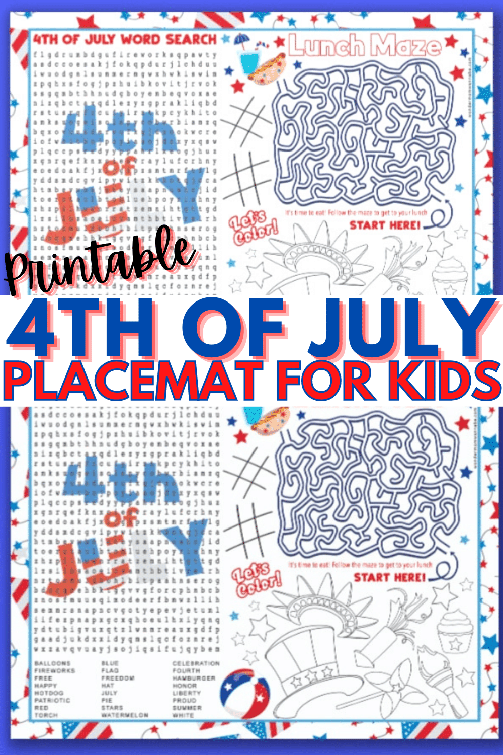 This printable 4th of July placemat for kids is patriotic and fun. A placemat with a word search, maze and coloring area, this will keep kids busy at meals. #printables #4thofJuly #placemats via @wondermomwannab