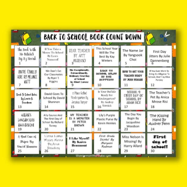 printable Back to school book countdown calendar on a bright yellow background