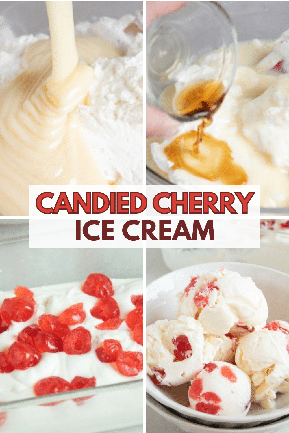 Homemade candied cherry ice cream is a simple no churn ice cream recipe using sweetened condensed milk and heavy cream. Candied cherries add a sweet treat. #homemadeicecream #nochurnicecream #candiedcherries via @wondermomwannab