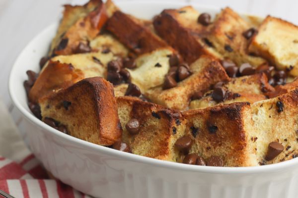 chocolate chip french toast in a white baking dish