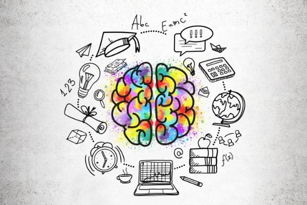 a graphic of a colorful brain with images of a computer, books, globe, graduation hat, lightbulb and clock around it