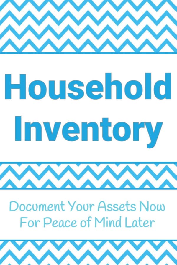 white and blue chevron graphics with text reading Household Inventory Document Your Assets Now for Peace of Mind Later