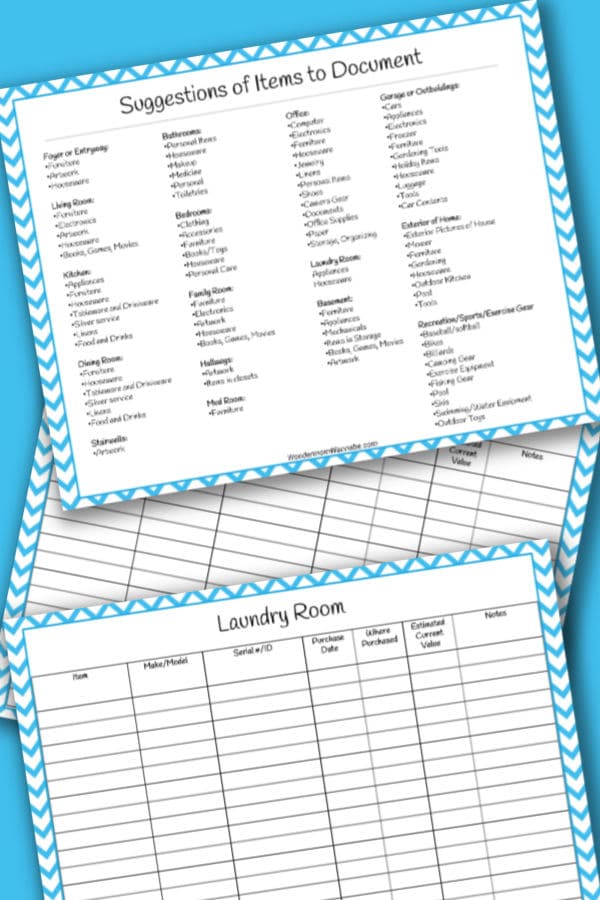 3 pages from a home inventory printable on a blue background
