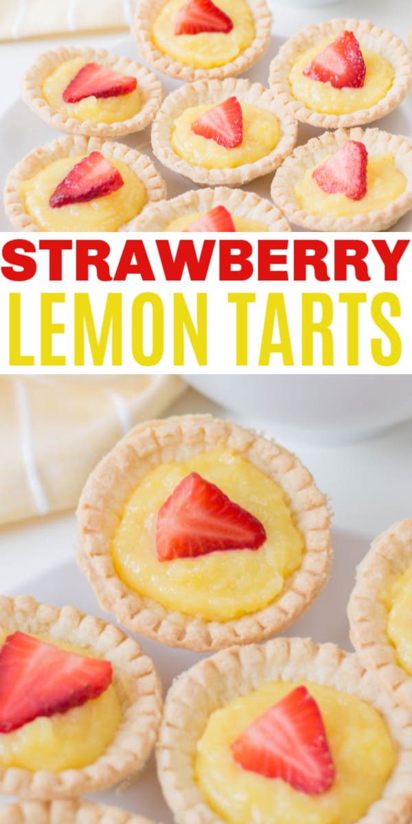 Mini Strawberry Lemon Tarts are an easy spring dessert full of delicious lemon flavor. Using mini pie shells saves time and makes this simple to make. #lemontarts #strawberry #easydesserts via @wondermomwannab