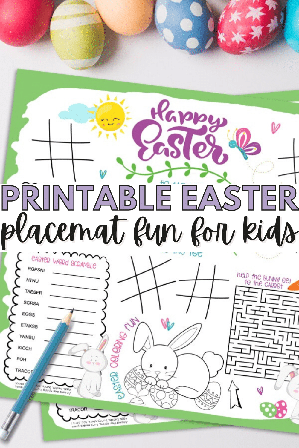 This free printable Easter placemat is perfect for the kids table at your Easter celebration. There are fun Easter activities, coloring and more for kids. #easter #printables #activitiesforkids via @wondermomwannab