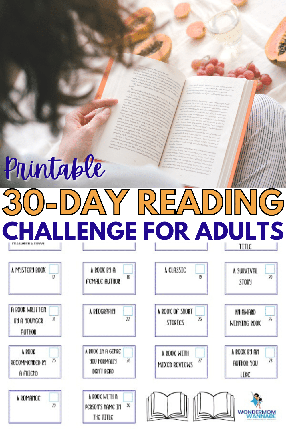 This printable 30 Day Reading Challenge will help you get out of your reading rut. Trying out new authors and genres will make reading fun again. #reading #30daychallenge #printables via @wondermomwannab