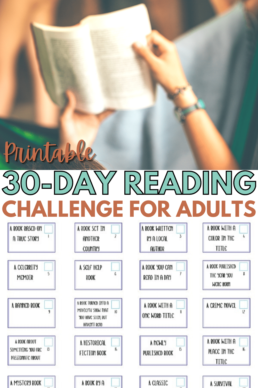 This printable 30 Day Reading Challenge will help you get out of your reading rut. Trying out new authors and genres will make reading fun again. #reading #30daychallenge #printables via @wondermomwannab