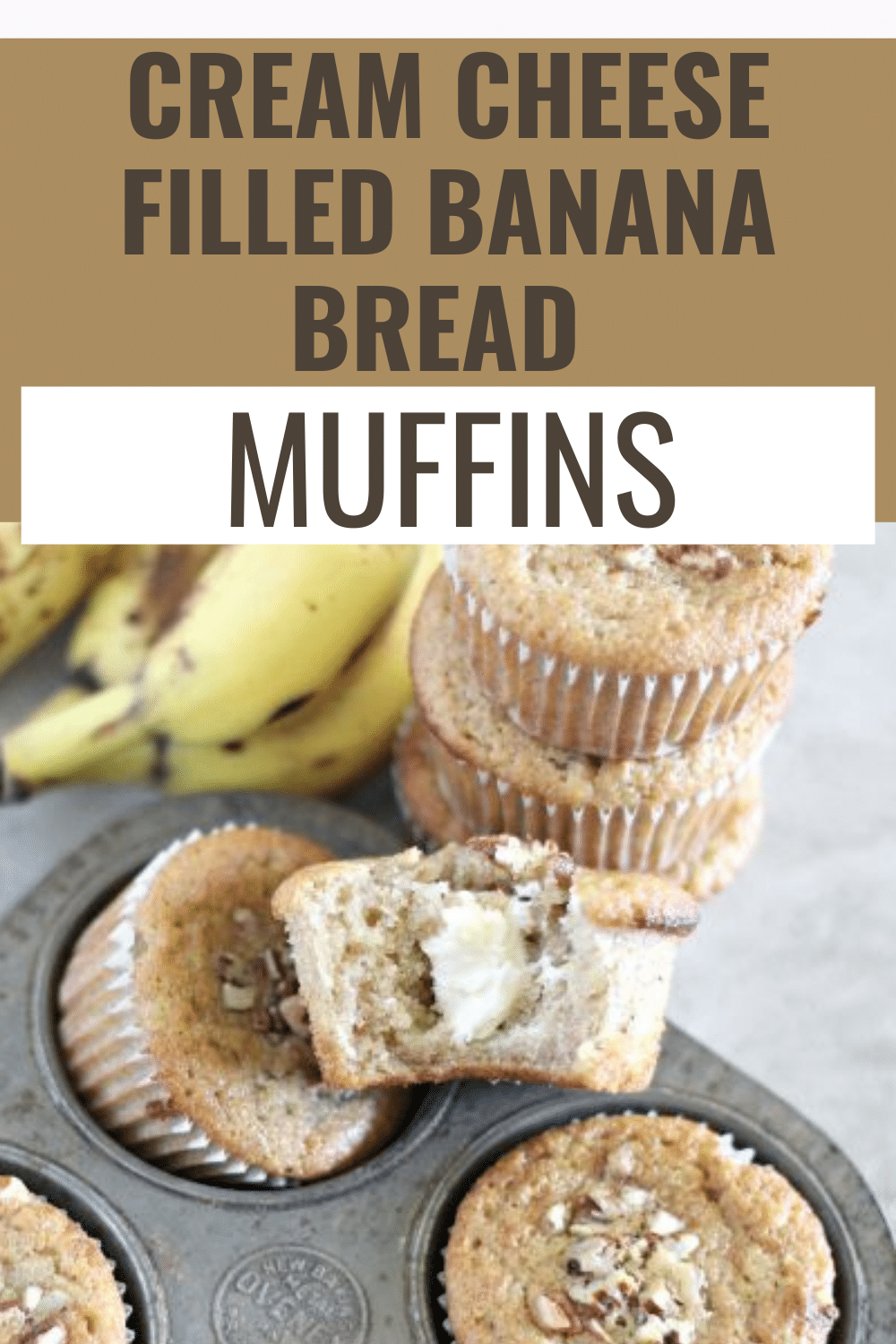 Cream Cheese Filled Banana Bread Muffins take banana bread to a new level. The sweet cheesecake-like filling inside each and every banana muffin is heavenly. #muffins #bananabread #creamcheese via @wondermomwannab
