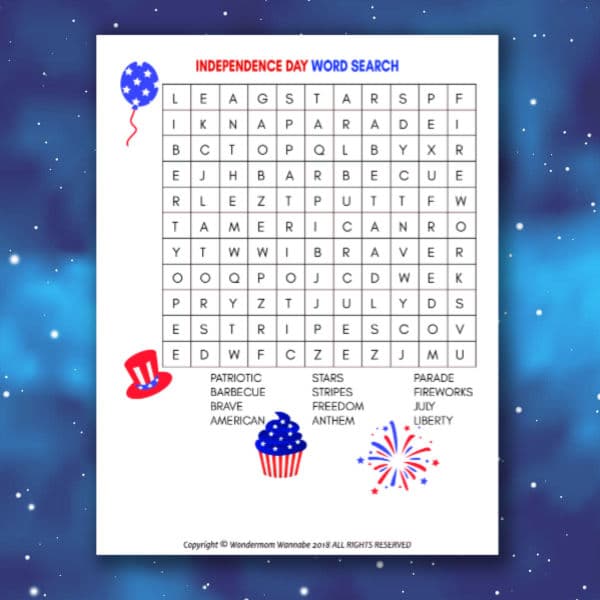 printable 4th of July word search for kids on a dark blue background