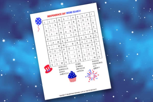 printable 4th of July word search for kids on a dark blue background