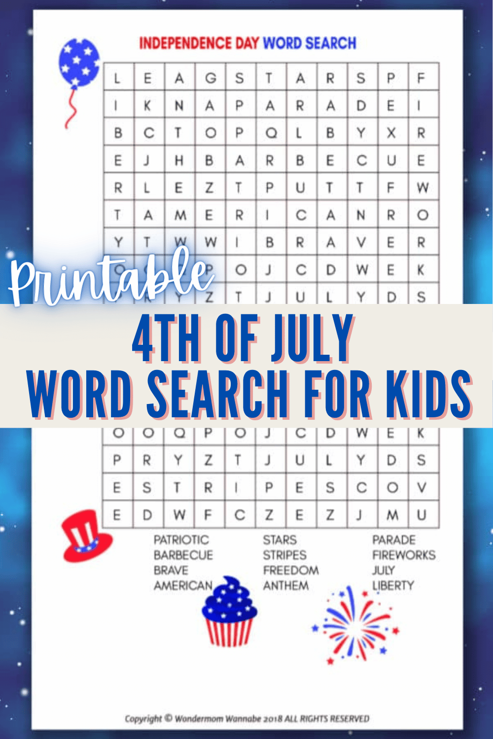 4th of July word search on a  dark blue background with title text reading Printable 4th of July Word Search for Kids