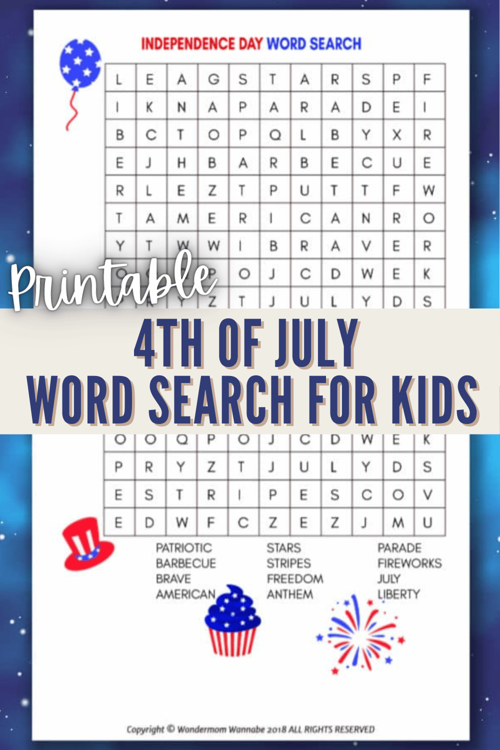 This free printable 4th of July word search for kids is a wonderful patriotic activity to help kids learn vocabulary words associated with Independence Day. #4thofJuly #wordsearch #printables via @wondermomwannab