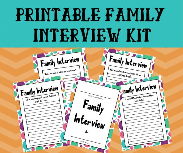 printable family interview pack on an orange striped background