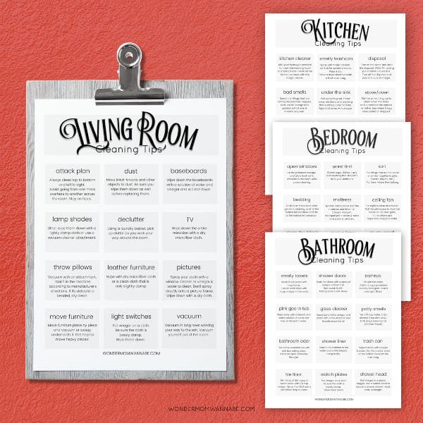 printable household cleaning tips on a red background