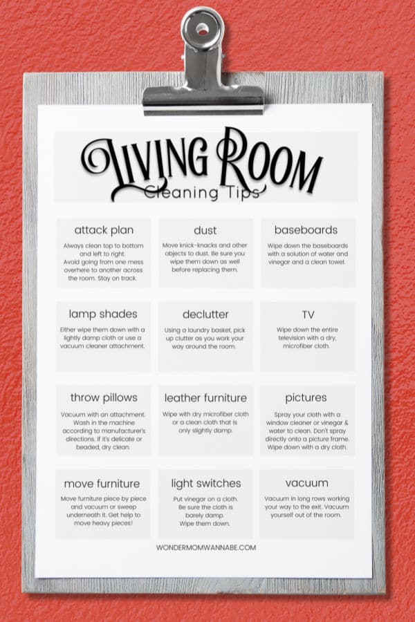 printable household cleaning tips for the living room on a clipboard on a red background