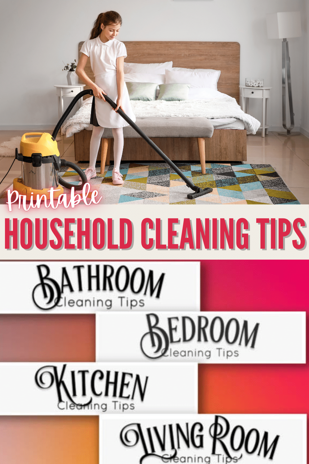 These printable household cleaning tips cover the bathroom, kitchen, bedroom and living room. Cleaning hacks to make the housework quick and easy each week. #printables #cleaningtips #housework via @wondermomwannab