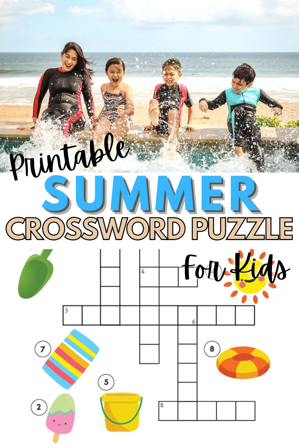 This printable summer crossword puzzle for kids is perfect for hot summer days when going outdoors isn't an option. Easy puzzle that kids will love. #crosswordpuzzles #printables #summer via @wondermomwannab