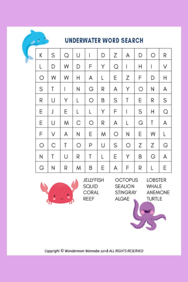 printable Under the Sea Word Search for Kids on a purple background