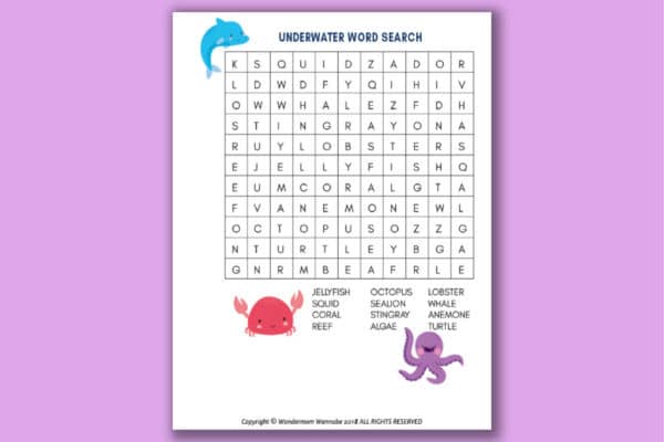 printable Under the Sea Word Search for Kids on a purple background