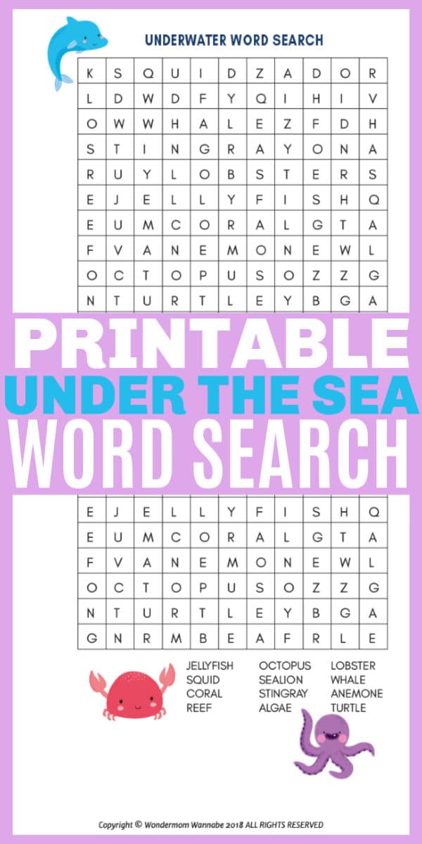 printable Under the Sea Word Search for Kids with title text reading Printable Under The Sea Word Search