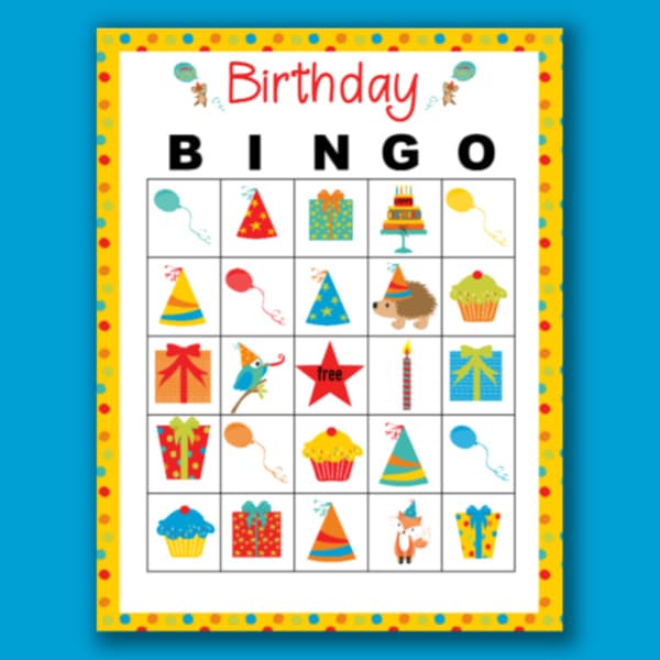 printable Birthday Bingo on a blue background