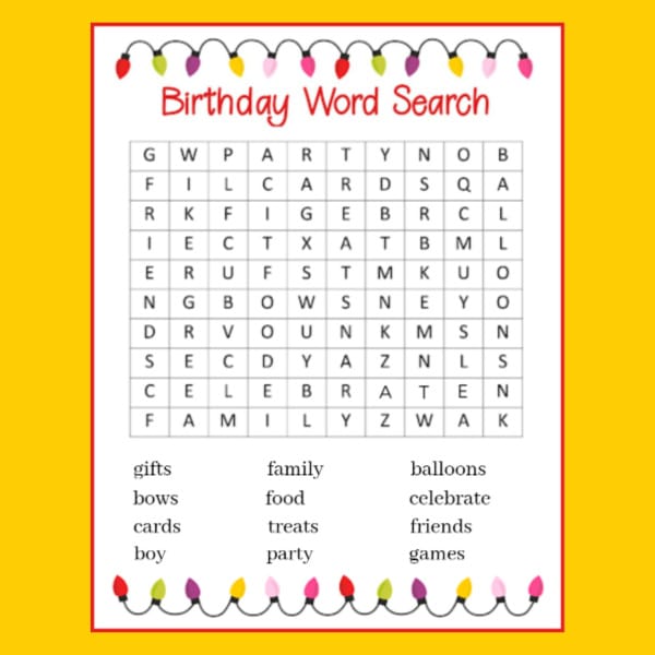 printable birthday word search on a yellow background