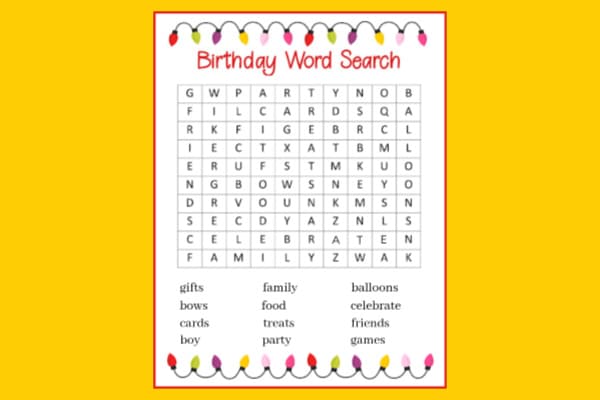 printable birthday word search on a yellow background