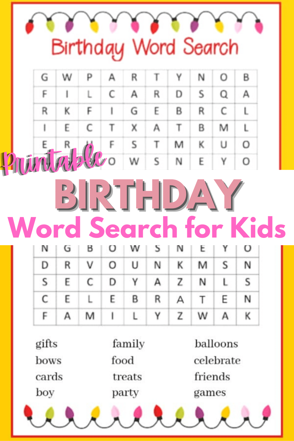 A printable birthday word search is a great activity for a children's birthday party. This word search is perfect for boys or girls and has primary colors. #birthday #birthdayactivities #wordsearch via @wondermomwannab