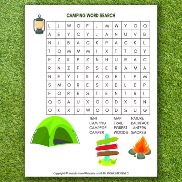printable Camping Word Search for Kids with grass in the background