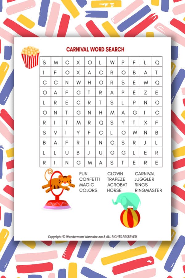 printable Carnival Word Search for Kids on a colorful background
