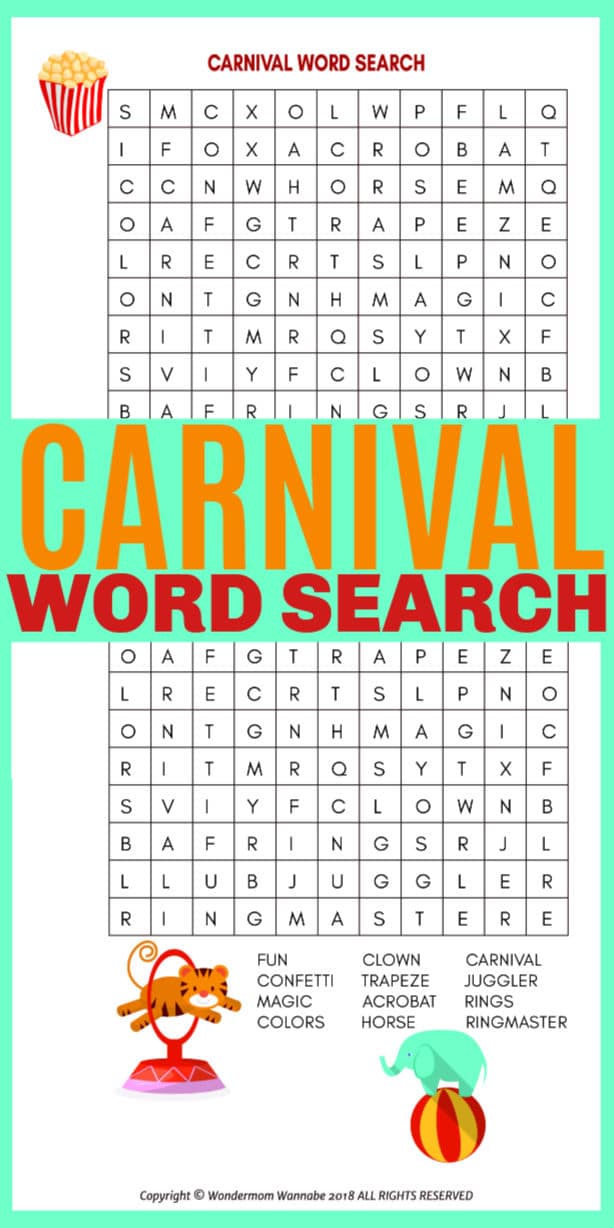 printable Carnival Word Search for Kids with title text in the middle reading Carnival Word Search
