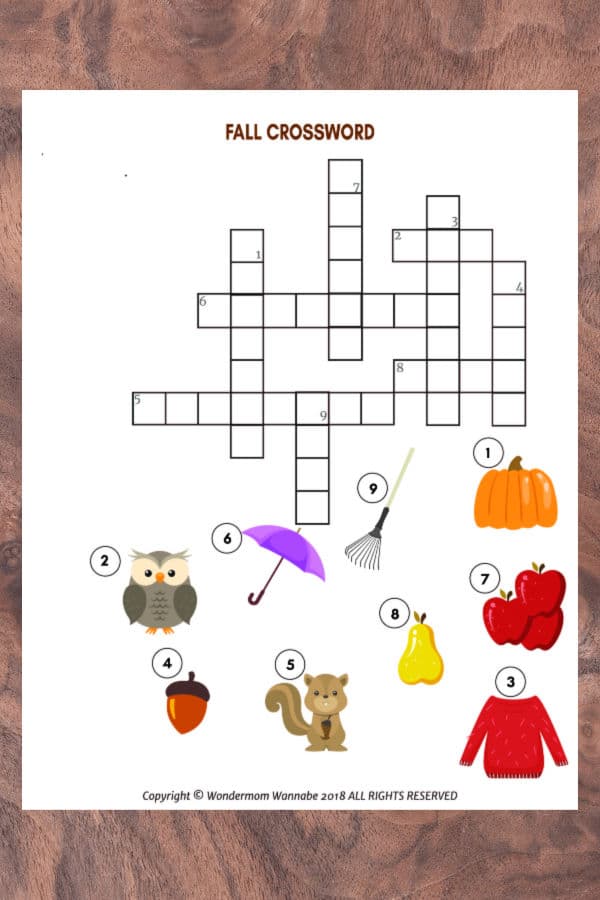 printable Fall Crossword Puzzle for Kids on a wood background
