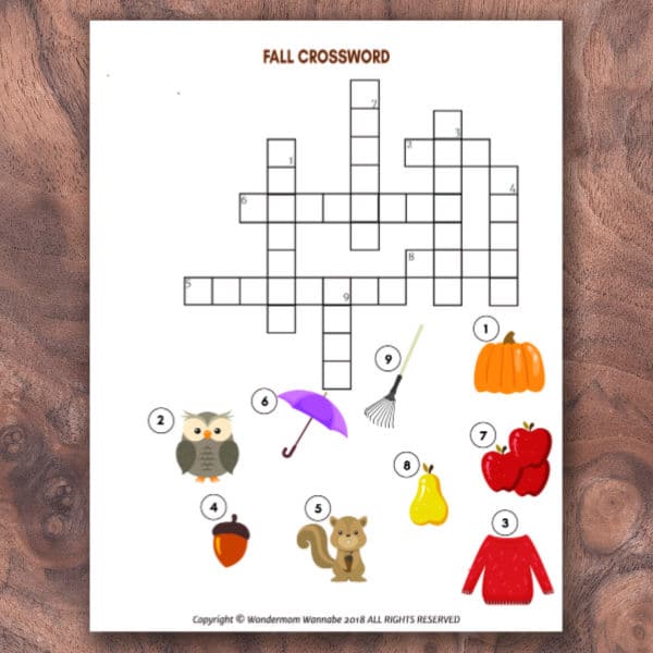 printable Fall Crossword Puzzle for Kids on a wood background