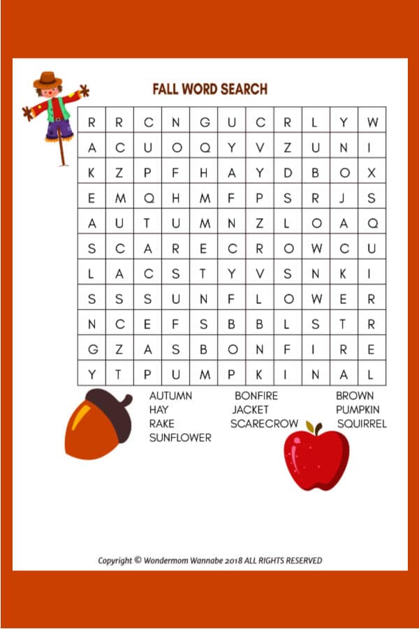 printable Fall Word Search for Kids on an orange background