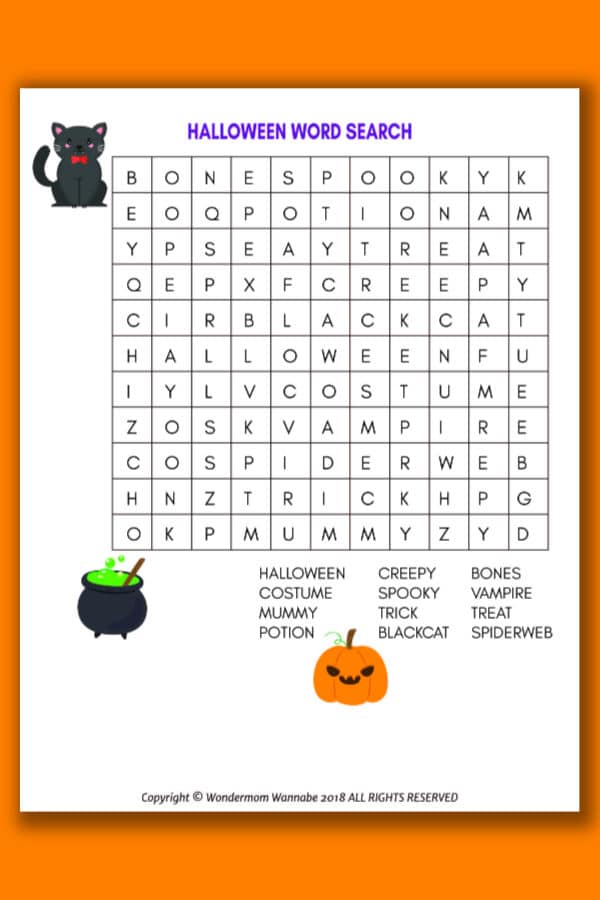 printable Halloween Word Search for Kids on an orange background