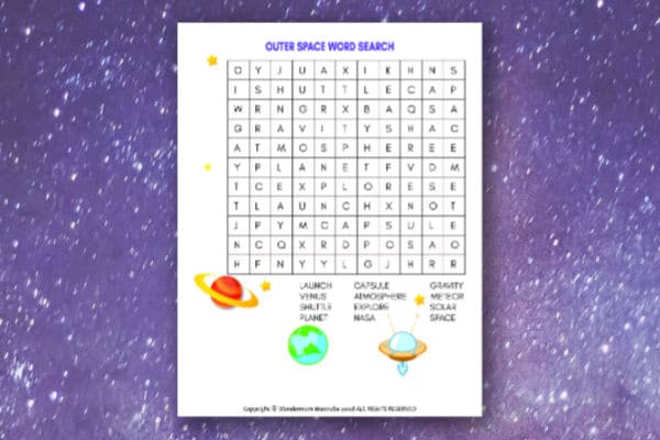 printable Outer Space Word Search for Kids on a space background