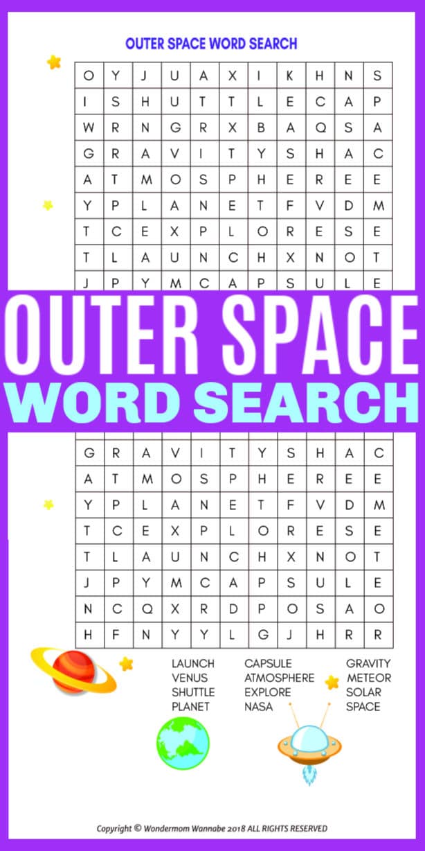 printable Outer Space Word Search with title text reading Outer Space Word Search