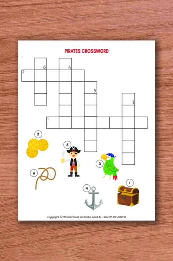 printable pirates crossword puzzle for kids on a wood background