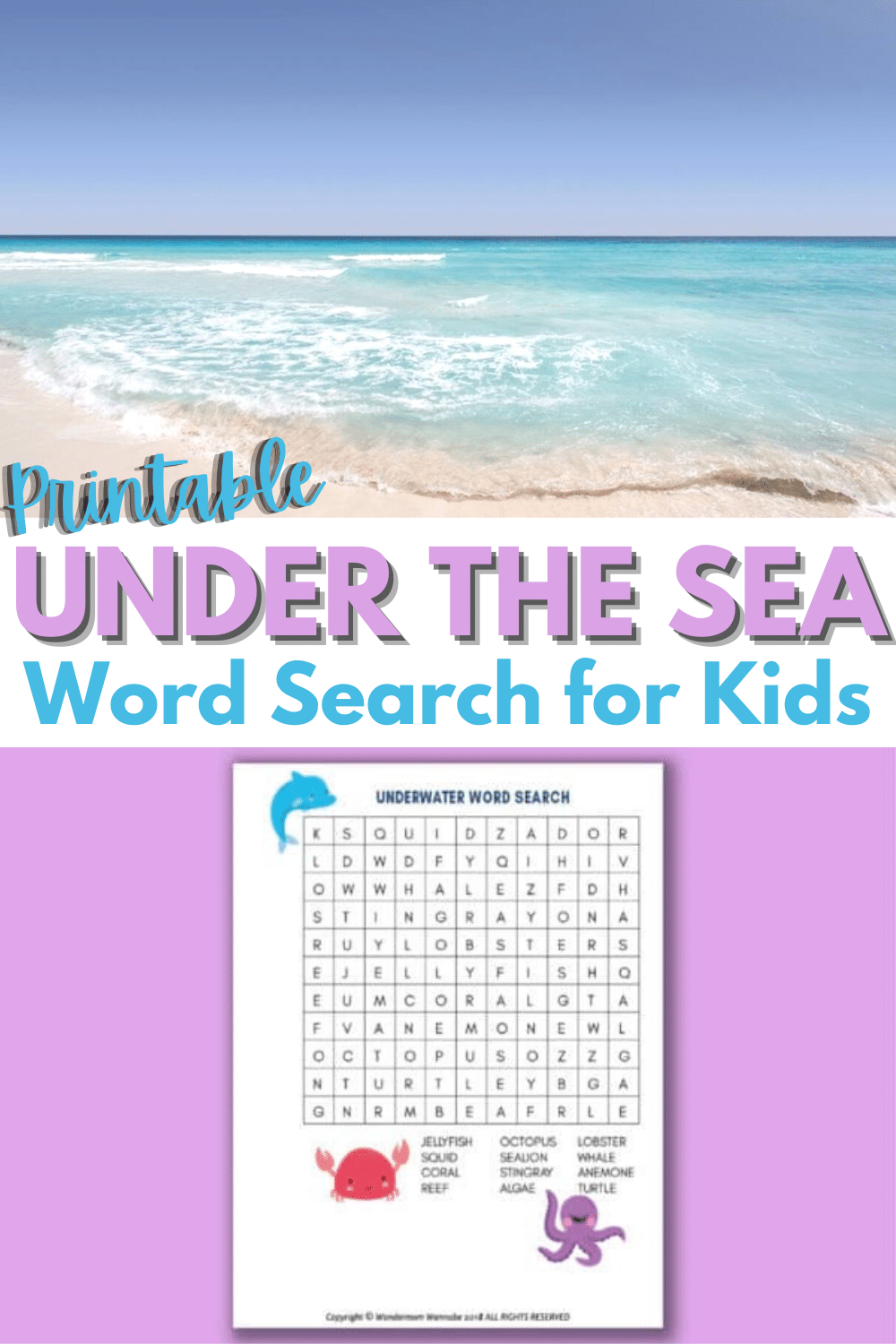 This under the sea word search for kids will help kids learn words associated with the ocean. Perfect fun printable activity for ocean-loving children. #underthesea #wordsearch #printables via @wondermomwannab
