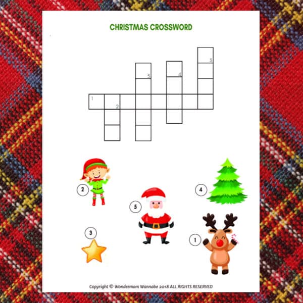 printable Christmas Crossword Puzzle for Kids on a red plaid background