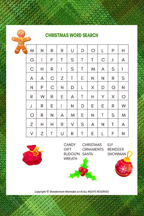 printable Christmas Word Search for Kids on a green background