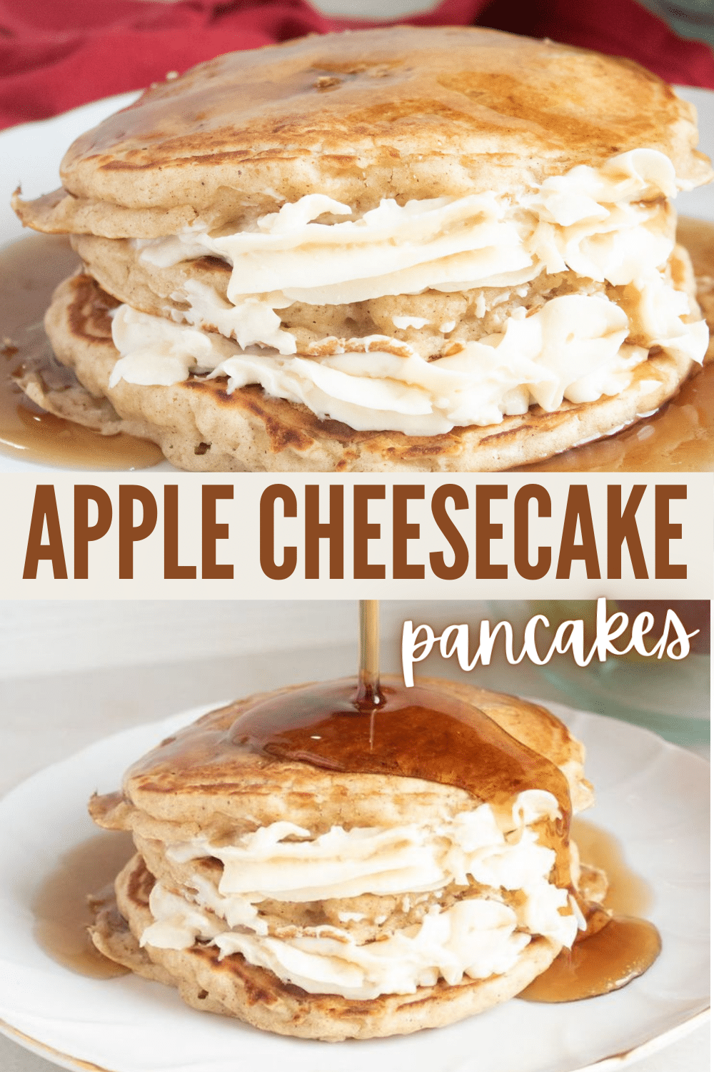 Apple Cheesecake Pancakes are a delicious breakfast treat. Cream cheese filling sandwiched between pancakes made with applesauce is delightful. #pancakes #breakfast #breakfastrecipes via @wondermomwannab