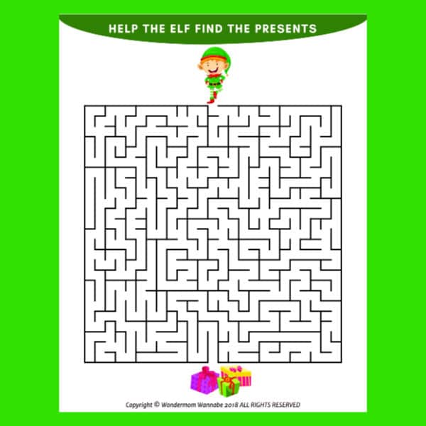 printable Christmas maze for kids on a green background