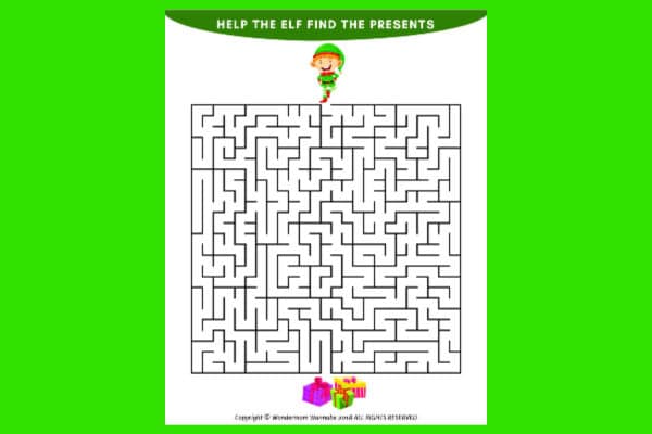 printable Christmas maze for kids on a green background