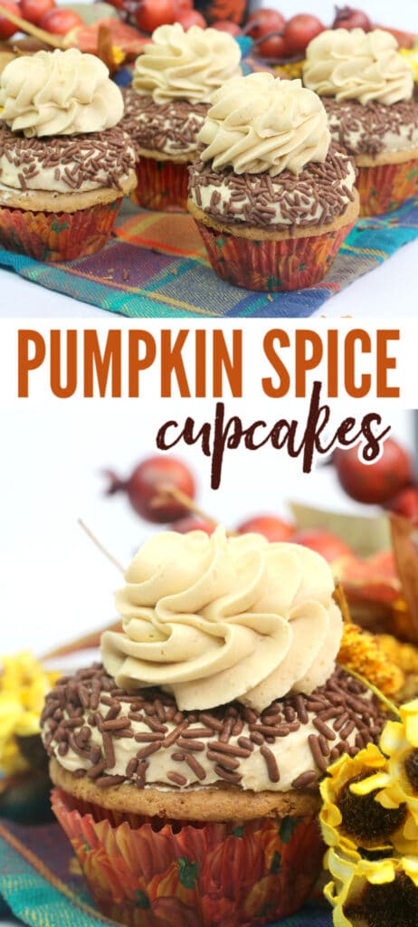 a collage of Pumpkin Spice Cupcakes with Buttercream Frosting Recipe and chocolate sprinkles on a multi-colored checkered cloth with title text reading Pumpkin Spice Cupcakes