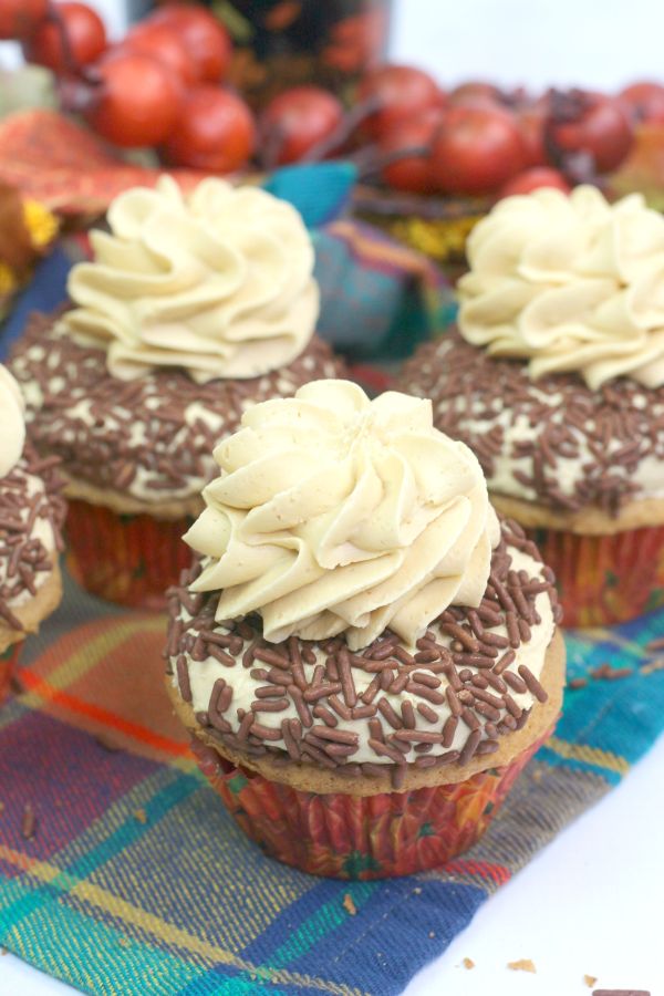 Pumpkin Spice Cupcakes with Buttercream Frosting Recipe and chocolate sprinkles on a multi-colored checkered cloth