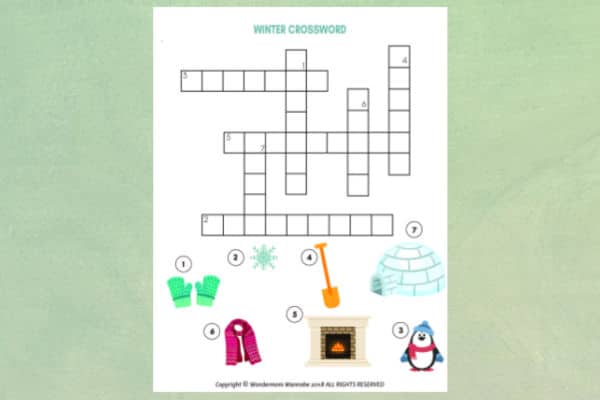 printable winter crossword puzzle for kids on a green background
