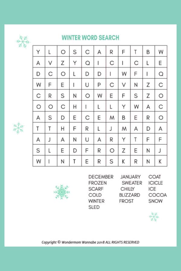 printable winter word search for kids on a green background